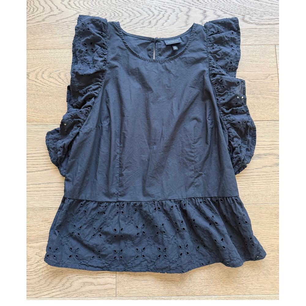 Who What Wear Black Eyelet Peplum Blouse Ruffle Sleeves Women's M